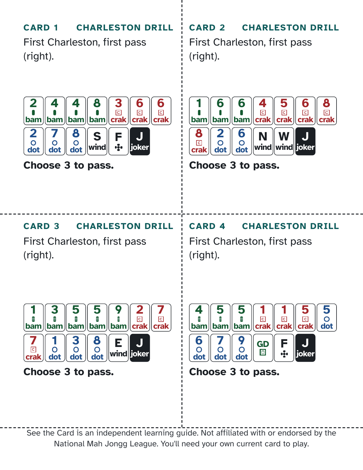 A real page of Charleston Drill Deck card fronts: four racks, each asking you to choose 3 to pass